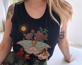 Naturecore Luna Moth Art Moon Shirt Sun and Moon Print Gift Witchcore Muscle Tank Women Top Cottagecore Clothing Cottagecore Art Goblincore