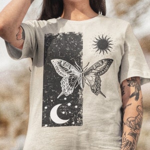 Monarch Butterfly Top Indie Clothing Witchy Clothing Spiritual Shirt Oversized T shirt Aesthetic Tshirt Tattoo Design Sun and Moon Shirt image 2