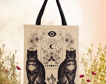 Goblincore Fairycore Witchy Mushroom Tote Bag Aesthetic Tote Bag Botanical Cottagecore Bag Goth Black Cat Spooky Season Mystical Moth Tote