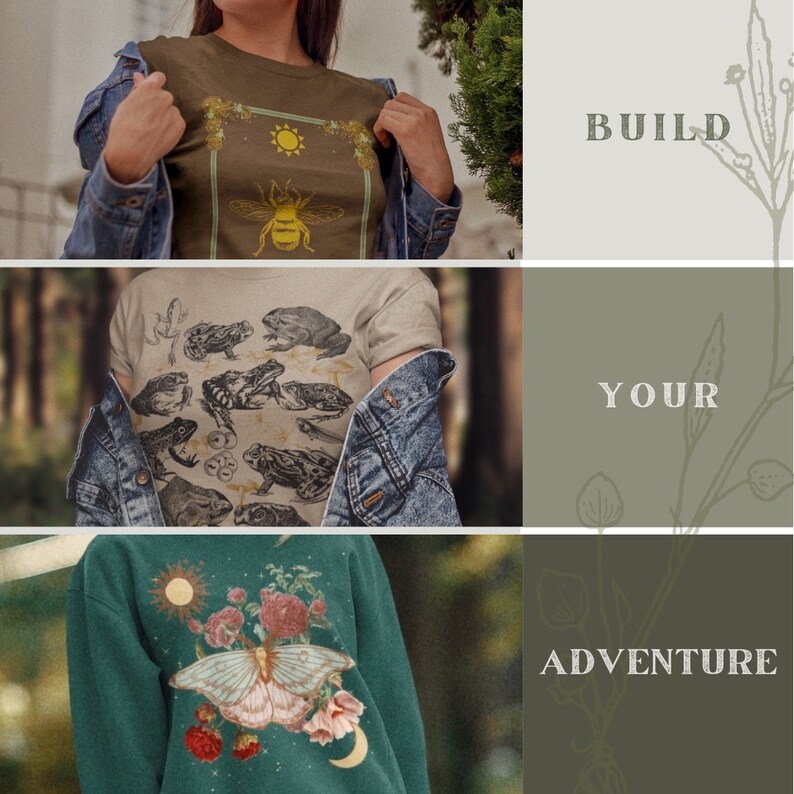 May include: Three different t-shirts with nature-inspired designs. The first shirt is olive green with a bee and sun graphic. The second shirt is beige with a frog and mushroom graphic. The third shirt is green with a butterfly and flower graphic. The text "BUILD YOUR ADVENTURE" is displayed on the image.
