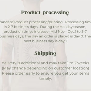 May include: Text explaining the processing and shipping times for a product. Standard processing time is 2-7 business days, but during the holiday season (Mid November to December) it increases to 5-7 business days. Delivery is an additional 1 to 2 weeks and may vary depending on the customer's location. The text encourages customers to order early to ensure timely delivery.