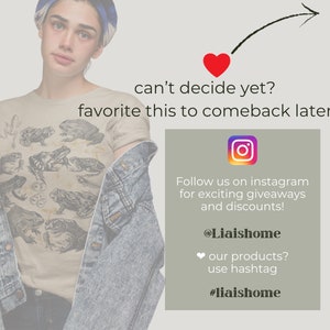 May include: A woman wearing a light brown t-shirt with a frog illustration and a denim jacket. The t-shirt has the text "can't decide yet? favorite this to comeback later." The image also includes a text box with the text "Follow us on instagram for exciting giveaways and discounts! @Liaishome ❤our products? use hashtag #liaishome"