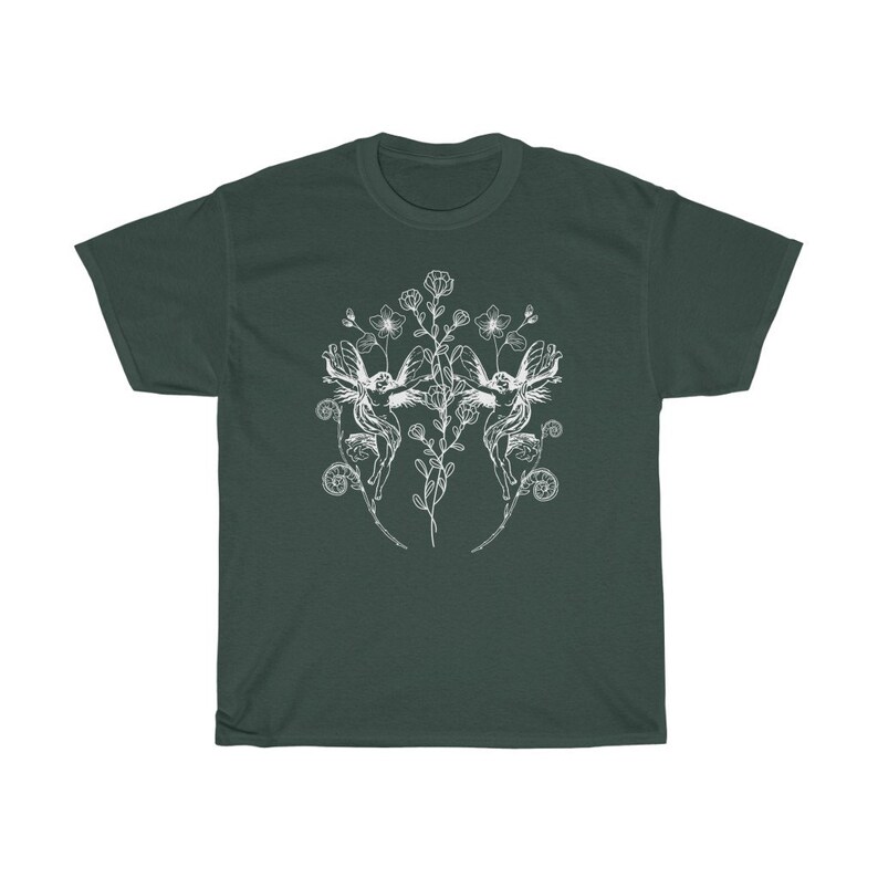 May include: Dark green t-shirt featuring a white floral design with two fairies. The design includes flowers, leaves, and swirling details. The t-shirt is made of a soft, comfortable material.