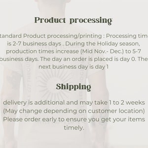 May include: Text explaining the processing and shipping times for a product. Standard processing time is 2-7 business days, but during the holiday season (Mid November to December) it increases to 5-7 business days. Delivery is an additional 1 to 2 weeks and may vary depending on the customer's location. The text encourages customers to order early to ensure timely delivery.