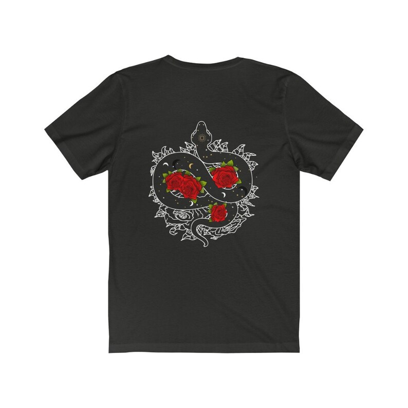 May include: Black t-shirt featuring a white graphic of a snake entwined with roses and celestial elements.