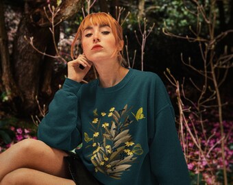 Cottagecore Clothing Monarch Butterfly  Botanical Clothing Swedish Cottage Line Art Fall Sweatshirt Graphic Cottage Core Big Sweater Outfit