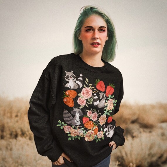 Raccoon Sweatshirt Racoon Sweatshirt Racoon Shirt Goblincore Crewneck Fairycore Botanical Sweatshirt Racoon Crewneck Strawberry Shirt Faerie