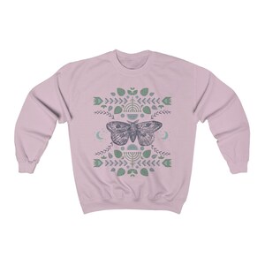 May include: A pink sweatshirt with a graphic design of a moth with wings spread, surrounded by a pattern of leaves, flowers, and geometric shapes in shades of green and blue.