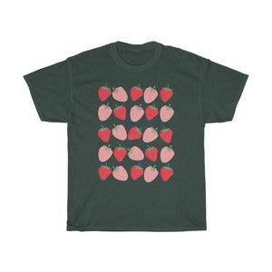 May include: A dark green t-shirt with a repeating pattern of red and pink strawberries. The strawberries are stylized and have a simple design.