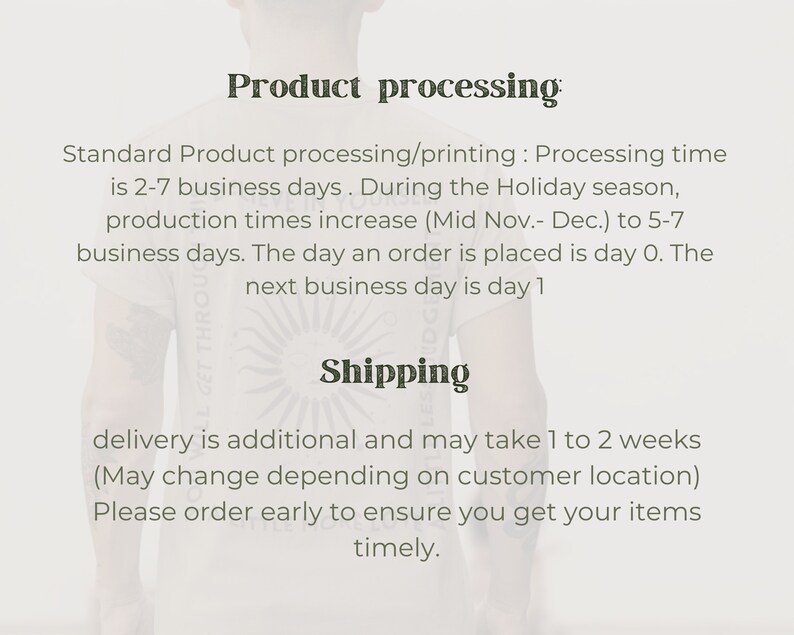 May include: Text explaining the processing and shipping times for a product. Standard processing time is 2-7 business days, but during the holiday season (Mid November to December) it increases to 5-7 business days. Delivery is an additional 1 to 2 weeks and may vary depending on the customer's location. The text encourages customers to order early to ensure timely delivery.