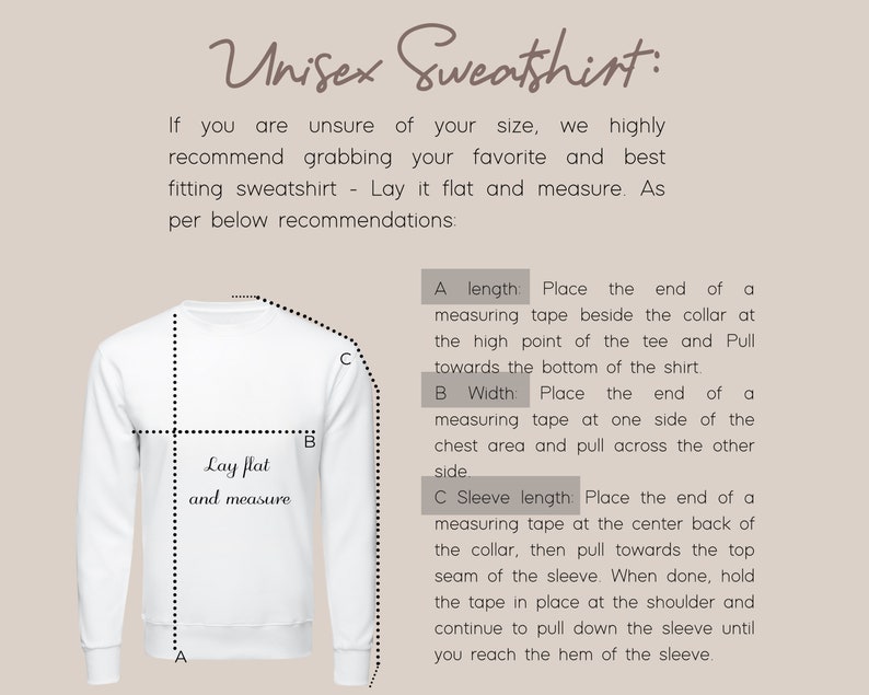 May include: Diagram showing how to measure a sweatshirt for sizing.  Lay the sweatshirt flat and measure the length, width, and sleeve length.  The diagram includes labels for each measurement.