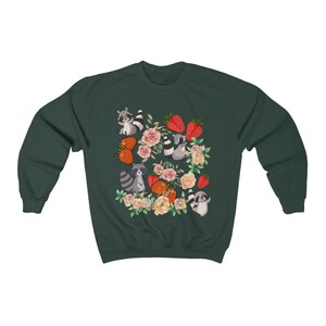 Pu&ograve; includere: Una felpa verde scuro con un motivo di procioni, fragole e fiori. I procioni indossano un fiocco rosa e un fiocco rosso.