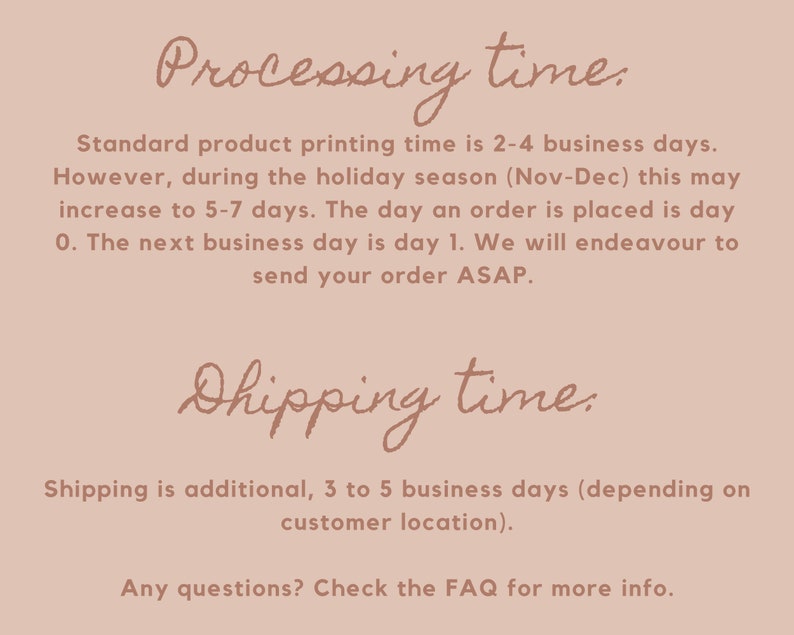 May include: Text on a pink background with the heading "Processing time." and "Shipping time."  The text explains that standard product printing time is 2-4 business days, but may increase to 5-7 days during the holiday season (Nov-Dec). The text also explains that shipping is an additional 3 to 5 business days, depending on customer location. The text ends with "Any questions? Check the FAQ for more info."