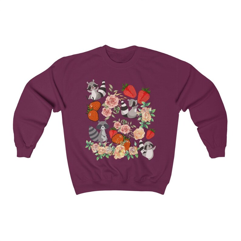 Pu&ograve; includere: Una felpa color granata con un motivo di procioni, fragole e fiori. I procioni sono grigi con maschere e code nere. Le fragole sono rosse con foglie verdi. I fiori sono rosa e bianchi.