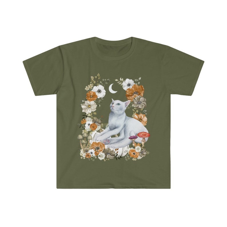 Mushroom Shirt Goblincore Fairycore Clothing Kawaii Cat Shirt Cottagecore Tshirt Goblin Core Clothes Coquette Aesthetic Botanical Shirt Soft Military Green