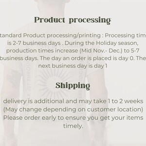 May include: Text outlining the processing and shipping times for a product. Standard processing time is 2-7 business days, but during the holiday season (Mid November to December) it increases to 5-7 business days. Delivery takes an additional 1 to 2 weeks and may vary depending on the customer's location. The text encourages customers to order early to ensure timely delivery.