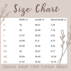 K&ouml;nnte beinhalten: Gr&ouml;&szlig;entabelle f&uuml;r ein Unisex-T-Shirt f&uuml;r Erwachsene aus 100% Baumwolle. Die Tabelle zeigt die Breite, L&auml;nge und &Auml;rmell&auml;nge in Zoll f&uuml;r die Gr&ouml;&szlig;en S bis 5XL.