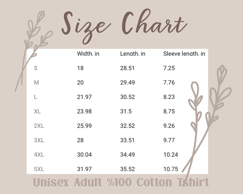K&ouml;nnte beinhalten: Gr&ouml;&szlig;entabelle f&uuml;r ein Unisex-T-Shirt f&uuml;r Erwachsene aus 100% Baumwolle. Die Tabelle zeigt die Breite, L&auml;nge und &Auml;rmell&auml;nge in Zoll f&uuml;r die Gr&ouml;&szlig;en S bis 5XL.