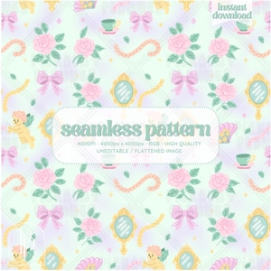 Pastel Rococo Revival Whimsical Seamless Pattern | Digital Download | Elegant Vintage Floral Design for Scrapbook, Fabric, Wallpaper, Crafts