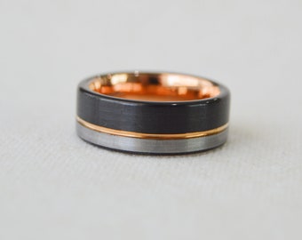 8mm Men's Tungsten Carbide Brushed Wedding Band: Black, Charcoal & Rose Gold