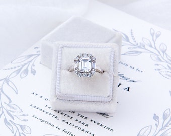 Tatiana: 3 Carat Emerald Cut Cut w/ Intricate Vintage Halo Engagement Ring - CZ & Sterling Silver