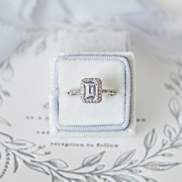 Grace: Halo Emerald Cut Engagement Ring - CZ & Sterling Silver
