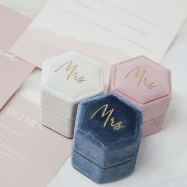 Velvet Ring Box w/ Gold Foil "MRS" Script - Single Slot Hexagon Ring Box