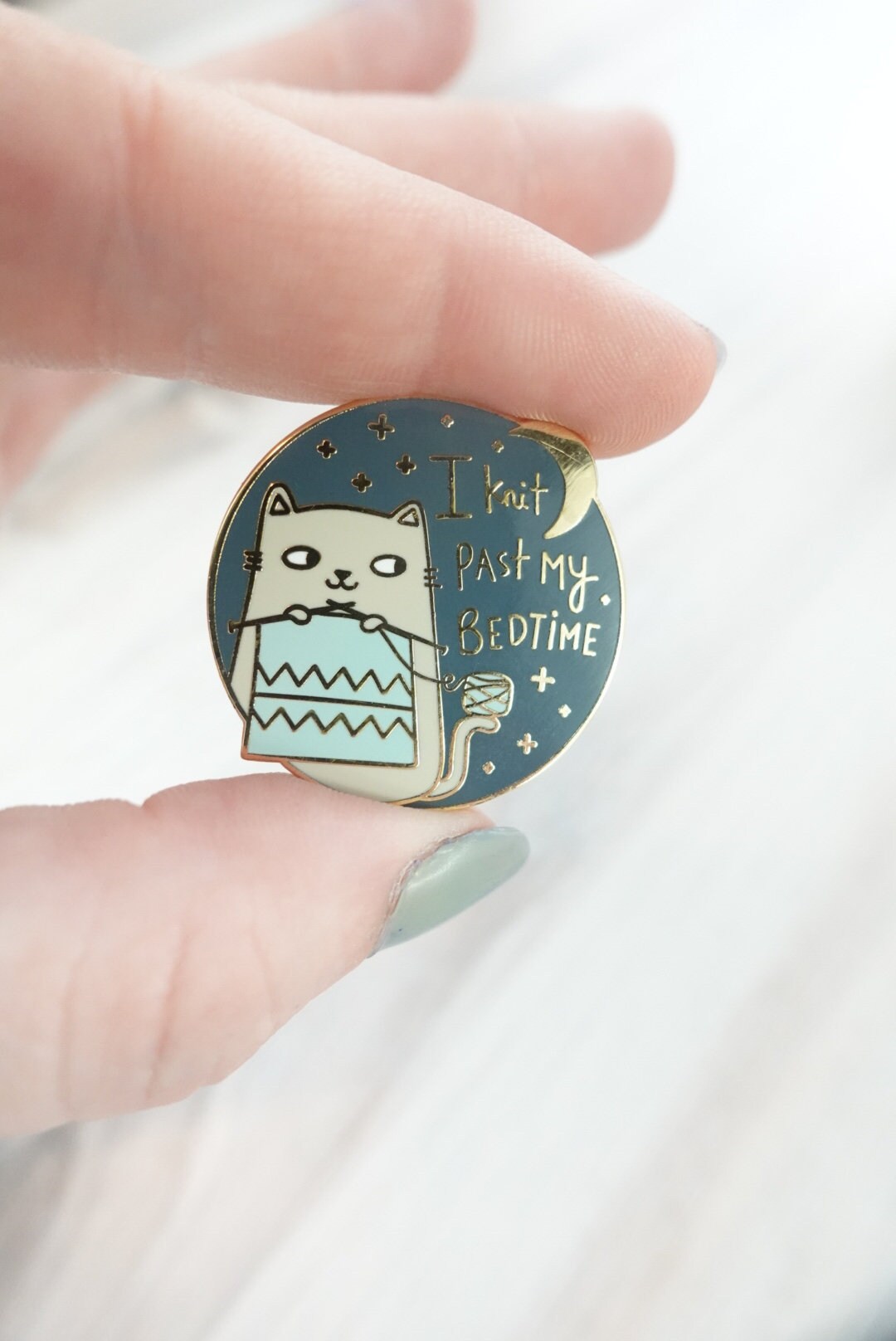 Cat knitting enamel pin I knit past my bedtime blue with Etsy