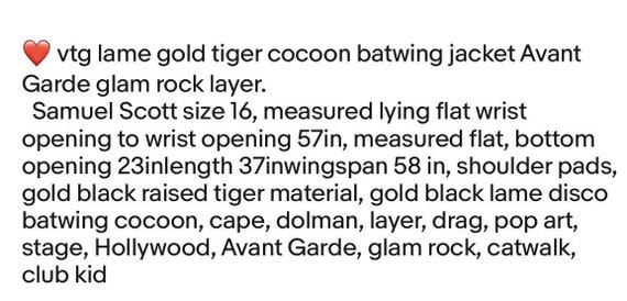 Vtg Gold lame cocoon jacket batwing cape tiger pr… - image 9