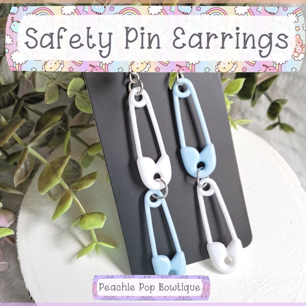 Safety Pin Earrings, Pastel Earrings, Blue, Decora Fashion, Pastel Goth, Punk Jewelry, Stocking Stuffer, Birthday Gift, For Her, For Him