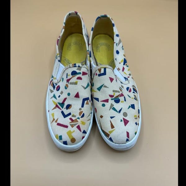 Keds Womens 8-1/2 M Originals White W/ Shapes Canvas Sneakers Shoes Vintage