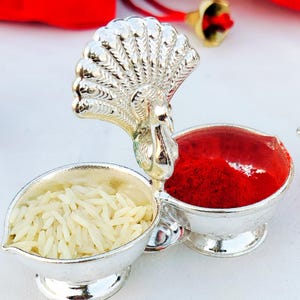 10x German Silver Peacock Kumkum Stand with Leaf Design Bowl & Potli Bag/Pooja item/Diwali Festival Gift/Wedding Favors/Half Saree Giveaways