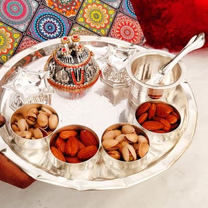 German Silver laxmi Ganesh Engraved Pooja Thaali with Laxmi Charan /Thaal-Diya-Plate-South Indian Hindu Wedding gift/Festival Diwali Gift