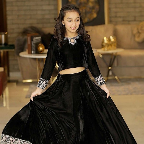 Black velvet Lehenga choli dupatta-Pattu Pavadai Ready to Wear-Eid Diwali Festival Party wear-Indian Traditional skirt top for girls kids