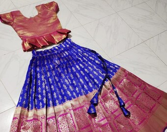 Ready to wear Silk Dress For Girls-Lehenga Choli-zari woven big border-frill top-Pattu Pavadai-South Indian wedding-Eid Diwali Festival wear