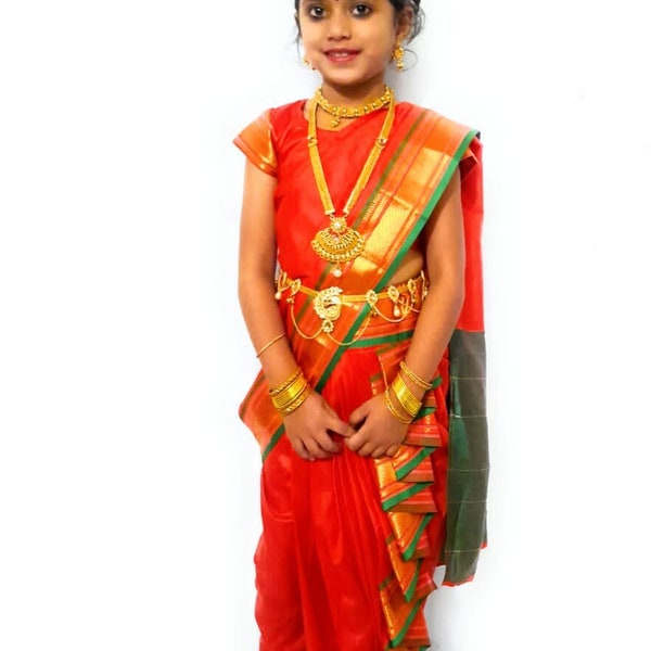 Baby Girls Saree For Kids/Maharashtrian-Kastha Marathi-Naurvi Saree/Ready to Wear Sari With Blouse-Hindu Wedding-Festival Diwali Girls Dress