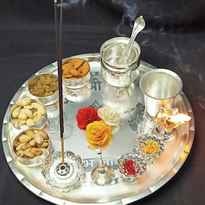 German Silver-Pooja Thaali-Thaal Set|Diya-Tray-Bowls-Plate-Chowki-Bell-Kalash-Kalasam-South-Indian-Hindu Wedding Festival Gift-FreeShip