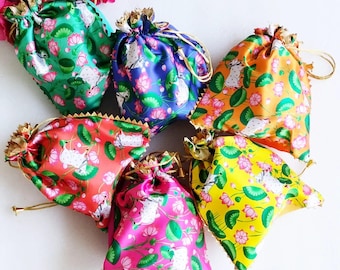 100X Pichwai Cow Peacock Print Potli Bag:Dry Fruit/Chocolate Candy Return Gift favors/Wedding Gift Pouch/Janamastmi Diwali festival giveaway