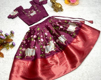 Pattu Pavadai-Kalamkari Floral Lehenga Choli for Girls-ReadyMade-Eid Diwali Festival dress-Indian Traditional skirt top for girls-Onam set