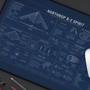 Peut inclure: Un tapis de bureau rectangulaire présentant un plan technique détaillé de l'avion Northrop B-2 Spirit en lignes blanches sur fond bleu foncé, incluant divers diagrammes, spécifications et étiquettes de texte détaillant le bombardier furtif.