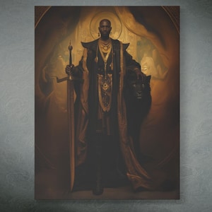 May include: Canvas art print featuring a regal figure in dark robes, holding a sword and scepter. The artwork has a warm color palette with gold accents, set against a dark background. The figure is depicted with a halo, suggesting a religious or historical theme.