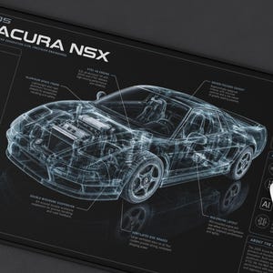 May include: A black rectangular desk mat featuring a white technical wireframe illustration of a 2005 Acura NSX. The design includes detailed automotive specifications, performance graphs, and technical labels printed in white text across the surface.