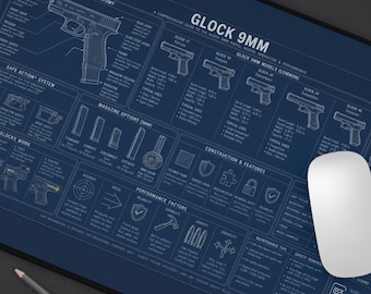 Schreibtischunterlage mit Bauplan für die Glock 9 mm | Schreibtischunterlage mit Teilezeichnung für Schusswaffen