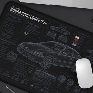 Honda Civic Coupe Ej1 Technical Blueprint Desk Mat, Retro Jdm Car Office Gaming Mousepad, Japanese Auto Decor