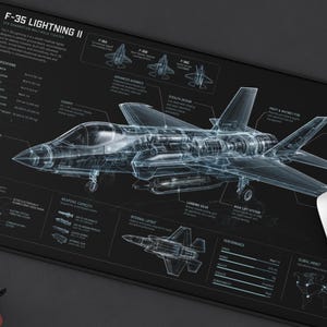 May include: A rectangular black desk mat featuring a detailed blue wireframe technical illustration of an F-35 Lightning II fighter jet. The design includes white text labels, specifications, and diagrams detailing the aircraft's internal components.