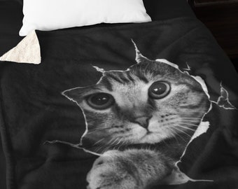 Black and White Portrait of House Cat Fleece Blanket