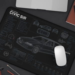 1994 Honda Civic SiR Specs Desk Mat, Vintage Japanese Tuner Blueprint Mousepad, Automotive Gaming Office Desk Pad