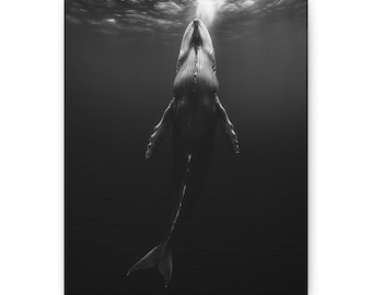 Humpback Whale Canvas Print, Black and White Ocean Wall Art, Underwater Whale Photography, Marine Life Home Decor, Ocean Lover Gift
