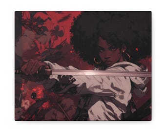 Anime von schwarzem weiblichen Samurai, der Katana hält | Keilrahmen | Wandkunst
