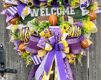 Tiger Football Wreath, Louisiana Football Decor, Fall Welcome Wreath, Dorm Decor, Sports Wreath, LSU Decor, Game Day, Custom Door Decor